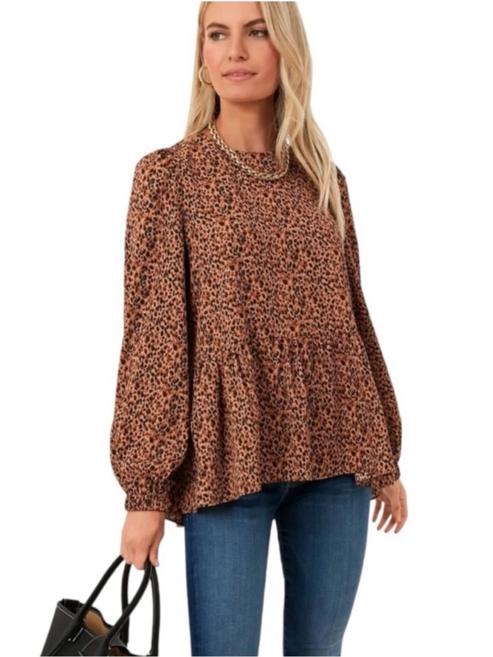 Pomander Place Carlota Leopard Print Puff Shoulder Peplum Blouse Size Medium